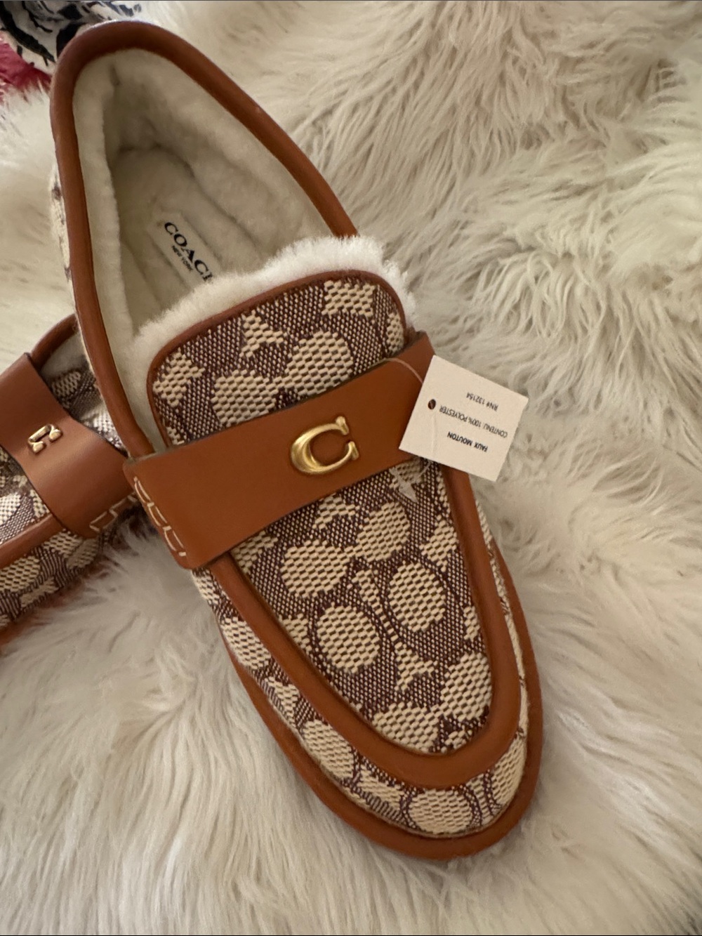 Coach Tan & Cream Signature Canvas Shearling Penny Loafers